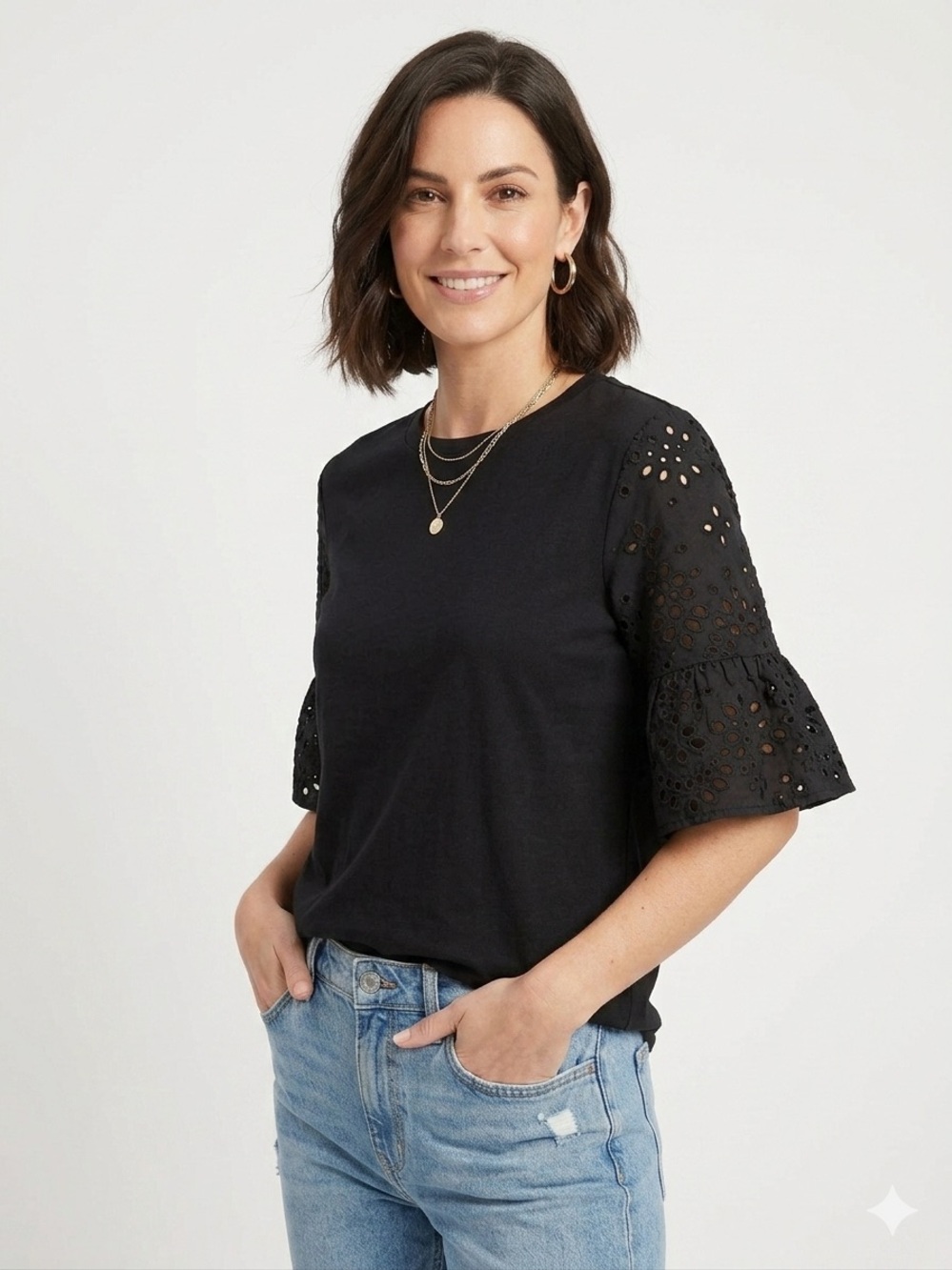 Banana Republic Black Eyelet Bell-Sleeve Tee